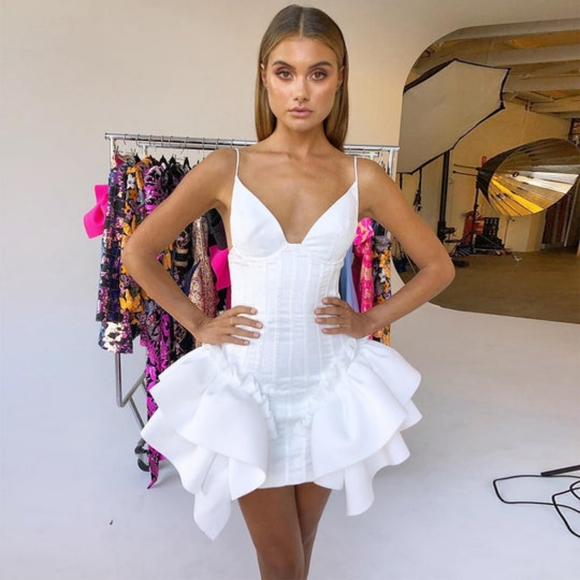 WOMEN RUFFLES BANDAGE DRESS V NECK PARTY DRESSES - Picture 5 of 7